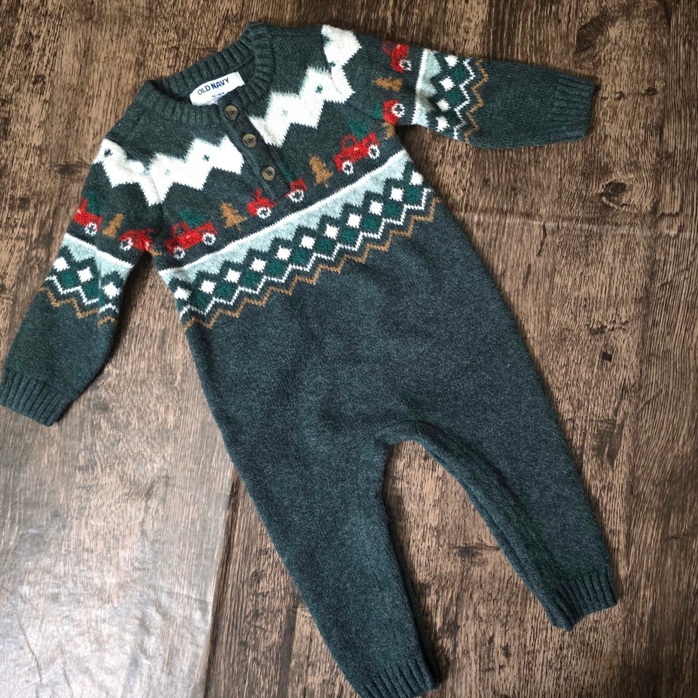 OLD NAVY‎ Knit Romper Baby 12-18M Green Excellent Christmas Fair Isle Truck